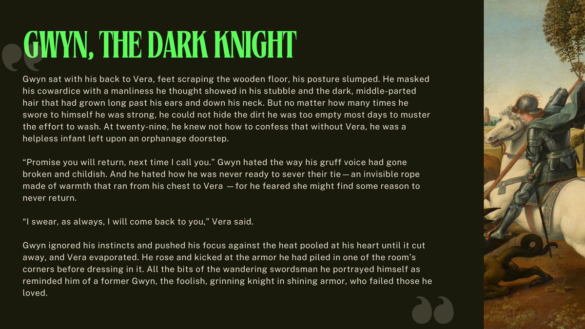 collinbrazan's tweet photo. My romantasy with ✨editor interest✨ puts the dark knight Gwyn and the god-princess Celeste in close proximity to slay the dragon plaguing their kingdom, only Celeste can see the ghosts haunting Gwyn.

That includes his dead lover.  

Meet the MCs, for #quespit:  

#RF #Q #A https://t.co/pK5wy6GwCt