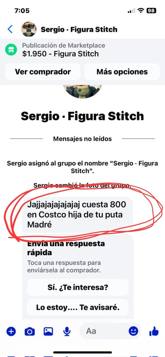 Esta persona le está mandando mensajes y fotos obscenas a una amiga. Ya se reportó a Facebook y se bloqueó pero no ha pasado nada. 
Me ayudan a reportar el perfil por favor?
facebook.com/marketplace/pr…
<a href="/UCS_GCDMX/">Unidad de Contacto del Secretario SSC CDMX</a> #acosador #abuso  #ViolenciaMachista <a href="/QuePocaMadre_Mx/">Qué Poca Madre</a> <a href="/c4jimenez/">Carlos Jiménez</a>