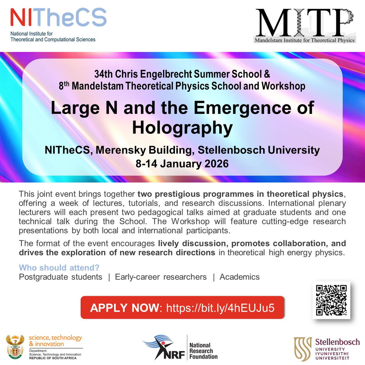 NITheCS's tweet image. Postgrad students, early-career researchers and academics, apply to attend the 34th Chris Engelbrecht Summer School &amp;amp; 8th MITP School &amp;amp; Workshop, taking place in Stellenbosch, 8–14 Jan 2026.
🔗 buff.ly/FM8NASh 
🗓️ Apply by 15 Nov
#TheoreticalPhysics #ComputationalScience
