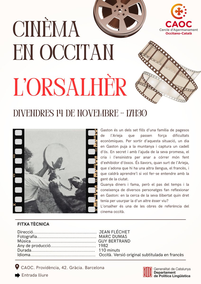 🎬Session de Cinèma en occitan - L'ORSALHÈR 🐻

🗓️Divendres, 14 de novembre
🕔17h30
📍CAOC. Providència, 42. Barcelona
🎟️de franc