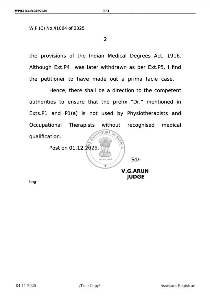Major Decision by the Kerala High Court!
Physiotherapists and Occupational Health Therapists will no longer be permitted to use the “Dr.” prefix.
Only legitimately qualified healthcare professionals are allowed to use the title.
A strong step towards maintaining professional