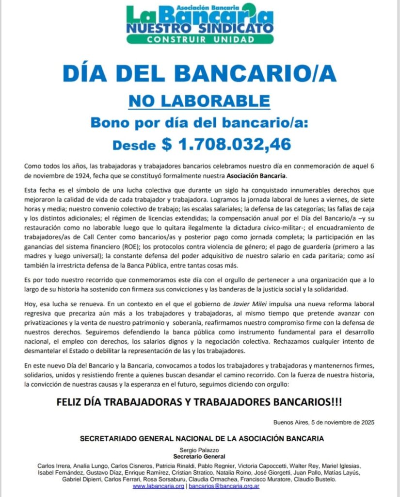 Nueva noticia (DÍA DEL BANCARIO/A) ha sido publicada en Asociación Bancaria Seccional Buenos Aires bancariasba.com.ar/2025/11/05/dia…