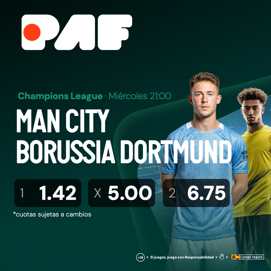 ⚽La #ChampionsLeague en #Paf

EL Manchester City (2) en su Liga recibe al Dortmund (3) en la Bundesliga. ¡Partidazo asegurado!

👉Cuotas Paf
Man City: 1.42
Empate: 5.00
Borussia Dortmund: 6.75

🔗paf.es/apuestas#/spor…

#Apuestas #JuegoResponsable +18