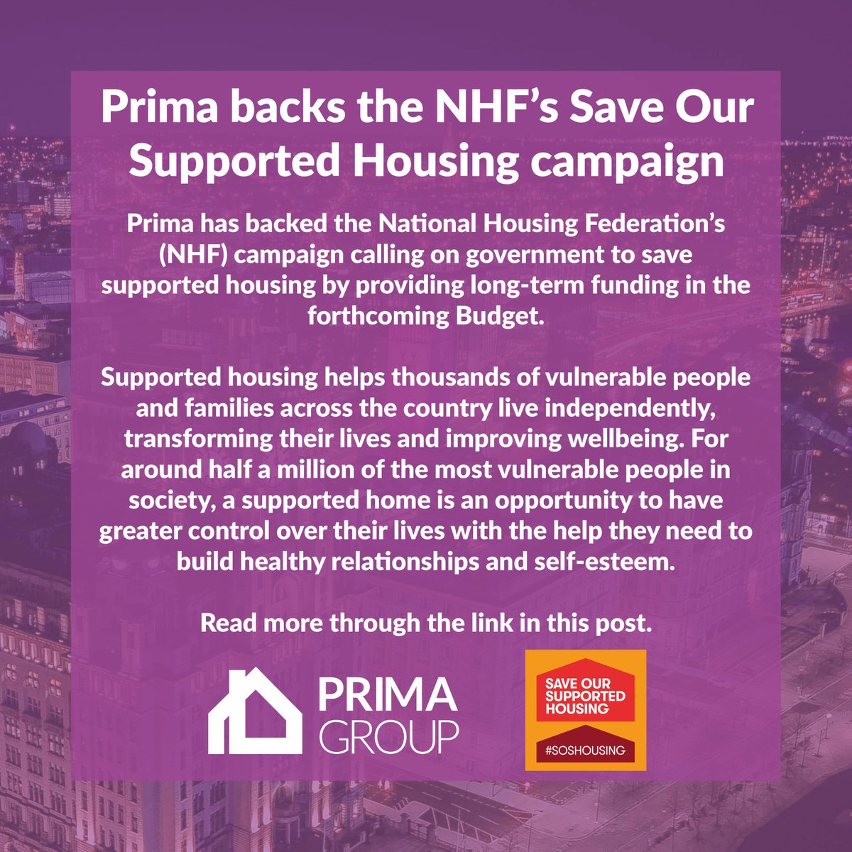 Prima Group has backed the National Housing Federation's Save Our Supported Housing campaign.

Read more at primagroup.org/prima-nhf

#soshousing
#saveoursupportedhousing