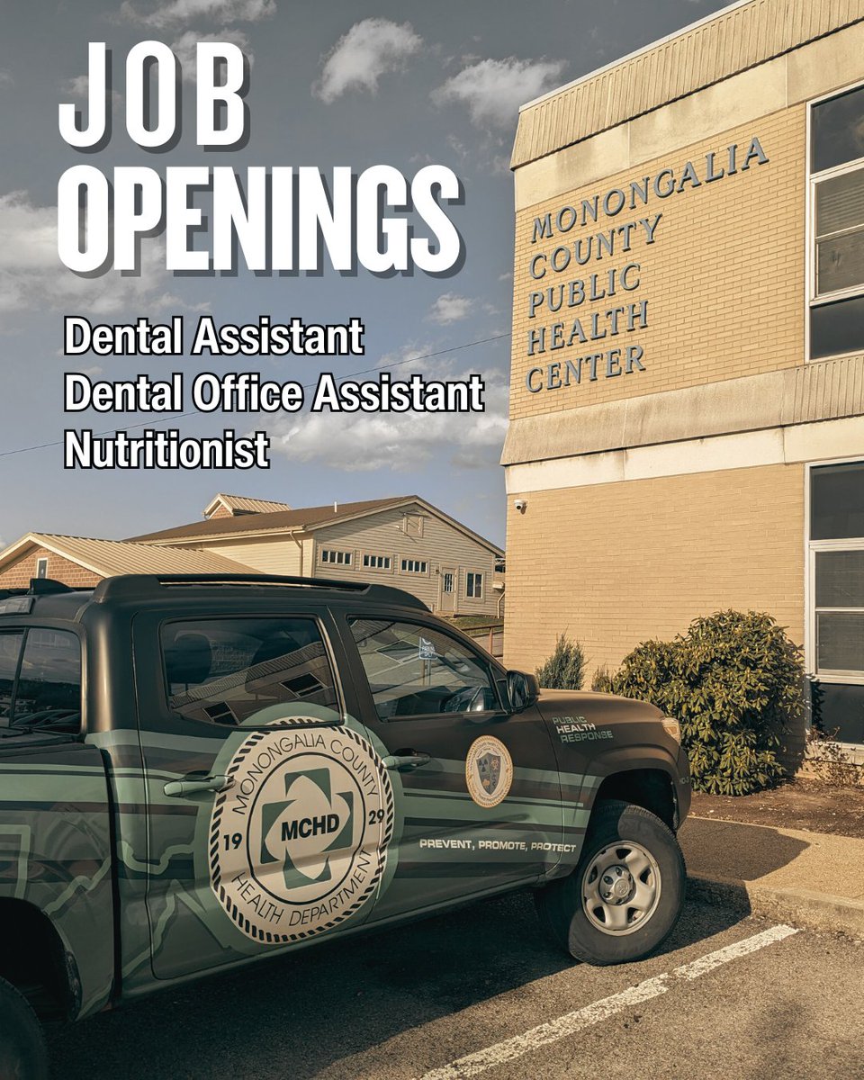 Monongalia County Health Department has job opportunities for a dental assistant, a dental office assistant and a nutritionist. Interested, or know someone who might be? Email Kelly.A.Grow@wv.gov.
More info: monchd.org/about#employme…