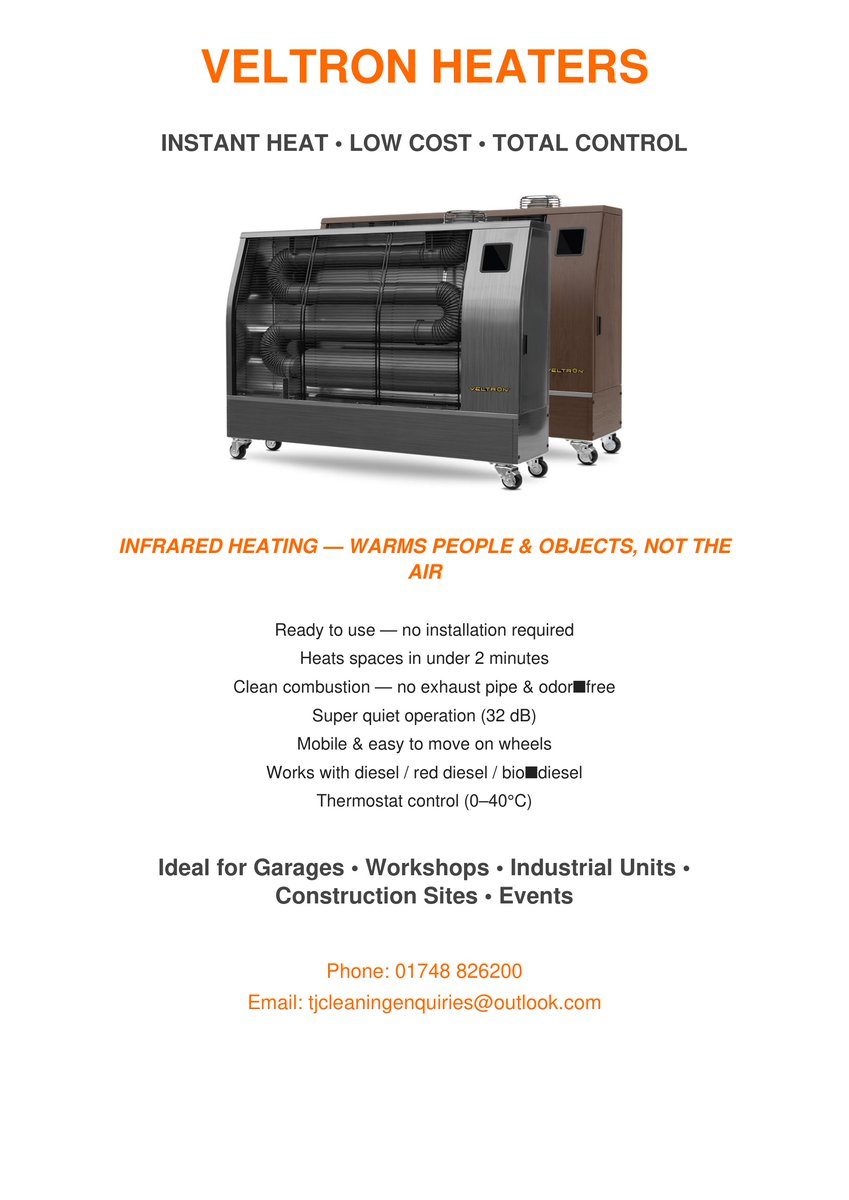 TJCleaning1's tweet photo. Now selling Veltron Infrared Heaters. #GarageHeater #heater #northyorkshire #countydurham #NorthEast https://t.co/PUbyTwbocf
