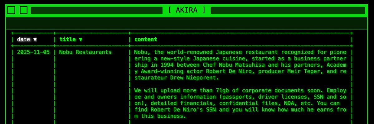 _venarixES_'s tweet image. El grupo #Akira #ransomware habría #hackeado a Nobu Restaurants 🇺🇸 (@NobuRestaurants), una cadena global de restaurantes de alta gama de fusión japonesa-peruana 🇯🇵🇵🇪...
@NobuHotels 
Monitorea este incidente en #VenariX ➡️ venarix.com
#CyberAttack #Nobu #restaurant…