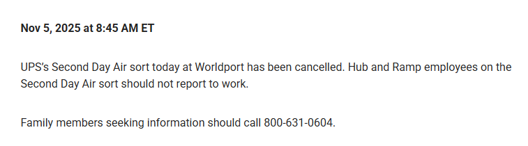 PaulMiles840's tweet photo. Update from UPS on Worldport operations: https://t.co/kQoiA1mAWW