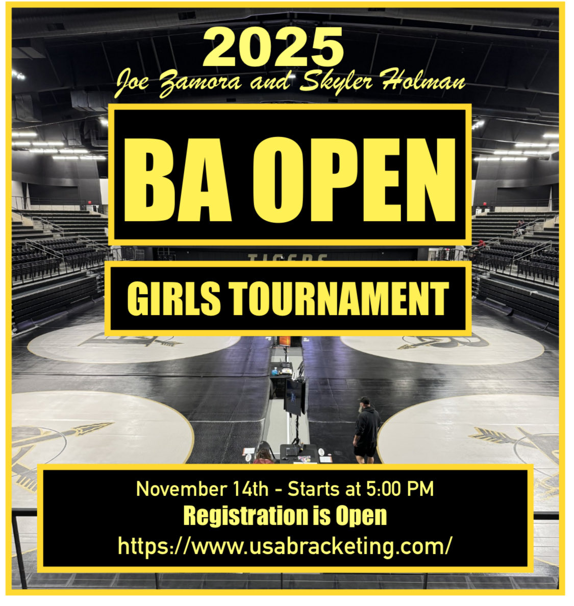GIRLS WRESTLING is BOOMING in OKLAHOMA!!!

The 34th Annual BROKEN ARROW OPEN is one of the biggest GIRLS WRESTLING EVENTS of

Don’t miss out! 
Friday, Nov. 14th / 5:00pm

Register Now!!
usabracketing.com
