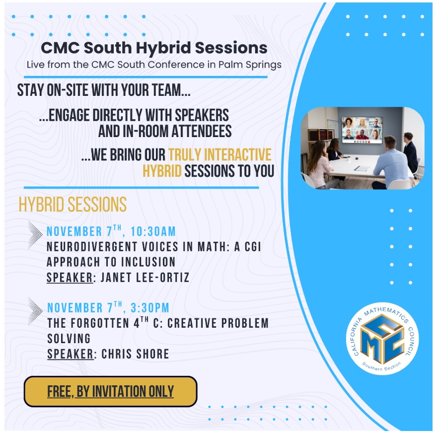 MathProjects's tweet image. I am presenting at #CMCSouth this weekend. I will be one of 2 hybrid sessions the conference is offering for the first time, so people can learn while not traveling to Palm Springs. Check it out...  @CAMathCouncil