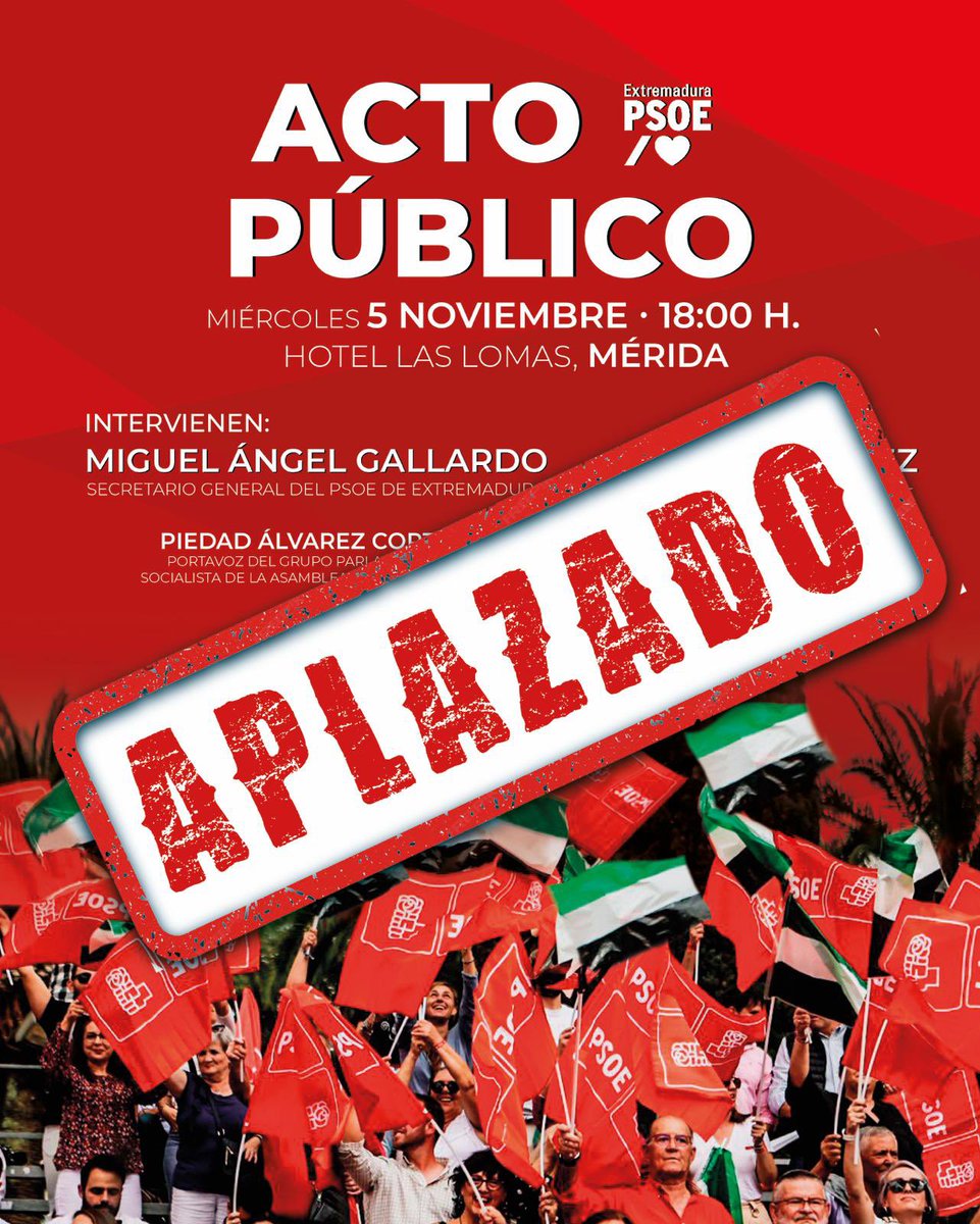 psoeex's tweet photo. 📣 APLAZADO EL ACTO PÚBLICO PREVISTO PARA ESTA TARDE POR EL TEMPORAL.

Debido a las condiciones climatológicas adversas, el acto público previsto para esta tarde con la presencia de Pedro Sánchez y Miguel Ángel Gallardo queda aplazado. https://t.co/VPjEACdMlP