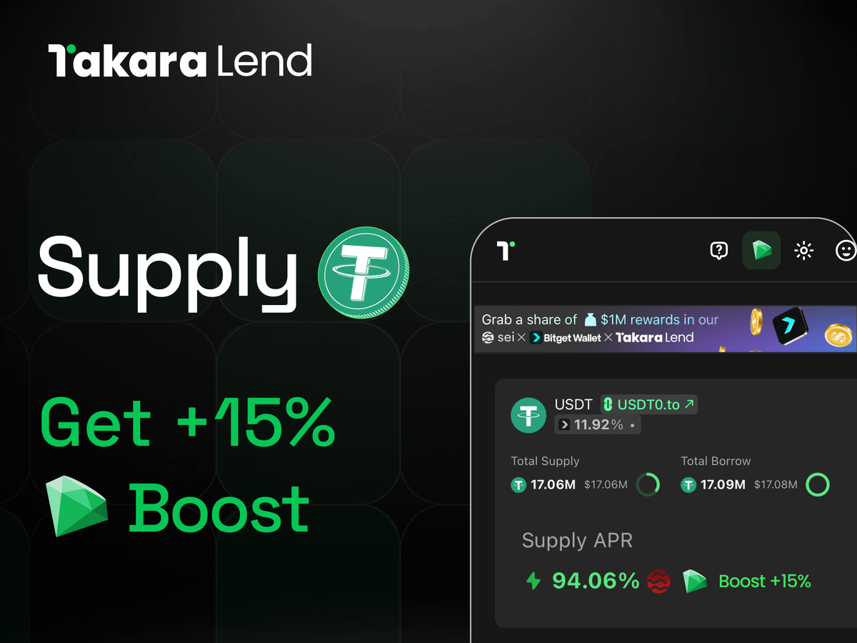 Takara’s rolling out a limited-time +15% Karats💎 boost for USDT deposits!

Instead of “Buy The Dip,” why not “Enjoy The APR”? 😉

Takara x <a href="/BitgetWallet/">Bitget Wallet 🩵</a> USDT supply reward campaign is still rolling! Should we keep it going longer? 👀