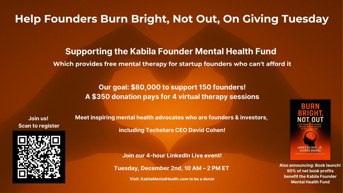 Please join us virtually on Giving Tuesday to meet inspiring mental health advocates who are founders and investors, and help the Kabila Founder Mental Health Fund raise another $80,000 to impact the lives of 150 more founders.

RSVP: streamyard.com/watch/sFiNKVpb…

cc: <a href="/dunkhippo33/">Elizabeth Yin 💛</a>