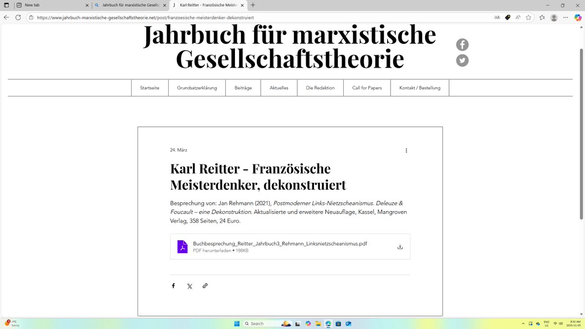 Karl Reitter: Französische Meisterdenker, dekonstruiert 

Jan Rehmann, Postmoderner Links-Nietzscheanismus. Deleuze &amp; Foucault – eine Dekonstruktion. Kassel, 2021. 
…marxistische-gesellschaftstheorie.net/post/franzoesi…  24. März 2025
