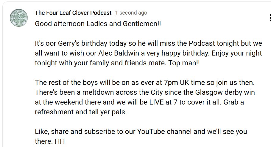 See you all at 7pm LIVE!! 

<a href="/PaddyBhoy1965/">Hoopybhoy 🇮🇪🇵🇸</a> 
<a href="/ronshan7/">gerrymcmillan</a> 
<a href="/KeiserCFC/">KeiserCFC</a> 

#Celtic
