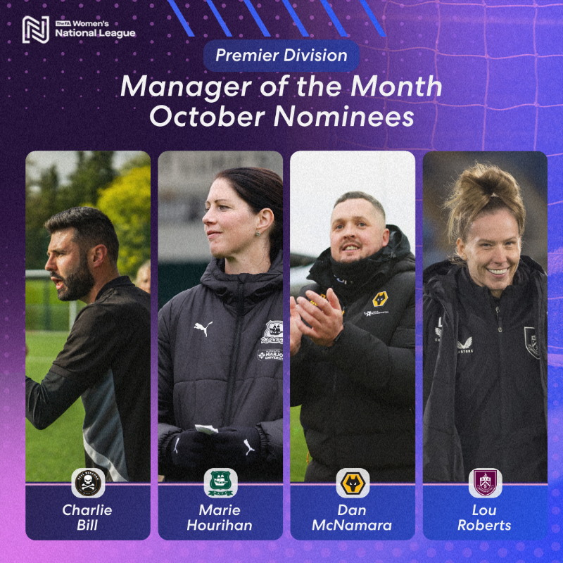 FAWNL's tweet photo. Premier Division – October Manager of the Month Nominees 💫 

@CBillCoach - @RBFCWomen
@M_Hourihan - @ArgyleWFC
@MaccaD11 - @WolvesWomen
@LouRobbo9 - @BurnleyFCWomen

Voting is open for 24 hours, click the link below to vote!

#FAWNL | #MOTM