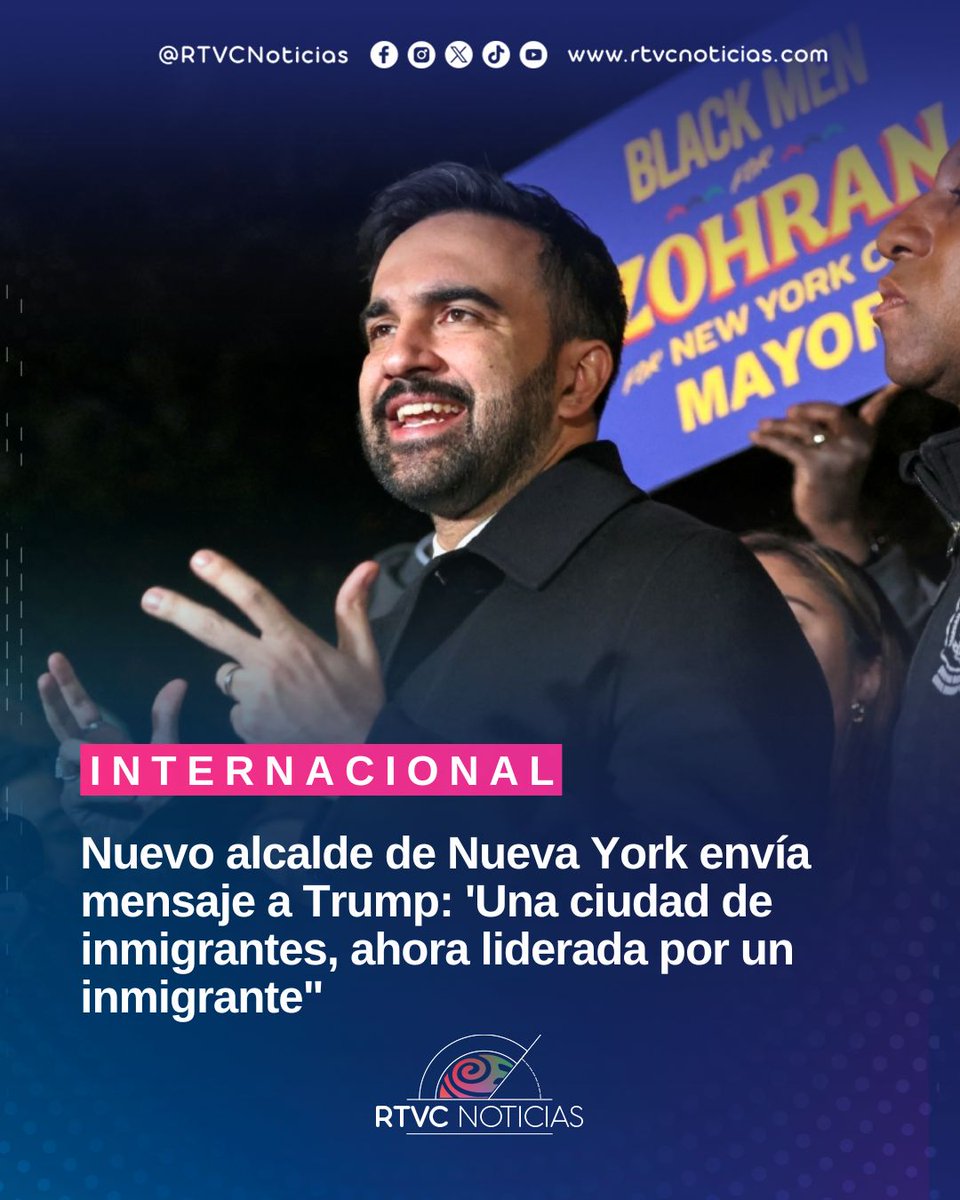 RTVCnoticias's tweet image. #Inmigración 🌍🗽 | “Donald Trump, como sé que me estás viendo… súbele el volumen Nueva York es y seguirá siendo una ciudad de inmigrantes. Construida por inmigrantes, fortalecida por inmigrantes y, desde hoy, liderada por uno.” 💪

Con esas palabras, Zohran Mamdani, nuevo…
