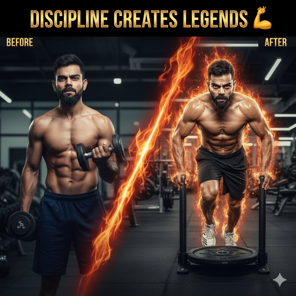 Turning Point – Fitness Revolution

2015 के बाद विराट ने खुद को दोबारा गढ़ा।
खान-पान, ट्रेनिंग, और नींद — सब पर अनुशासन लाकर टीम इंडिया में फिटनेस कल्चर शुरू किया।
“Talent आपको शुरुआत दिलाता है, पर Fitness आपको टिकाता है।” 🏋️‍♂️