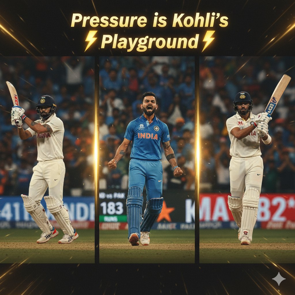 Heroic Moments

💥 एडिलेड 2014: 141 रनों की अकेली जंग
💥 चेज़ मास्टर की पहचान – 183 vs पाकिस्तान
💥 82* vs ऑस्ट्रेलिया, T20WC 2022 – comeback of the century
हर बार विराट ने साबित किया — Pressure is Kohli’s playground. 🧠🔥