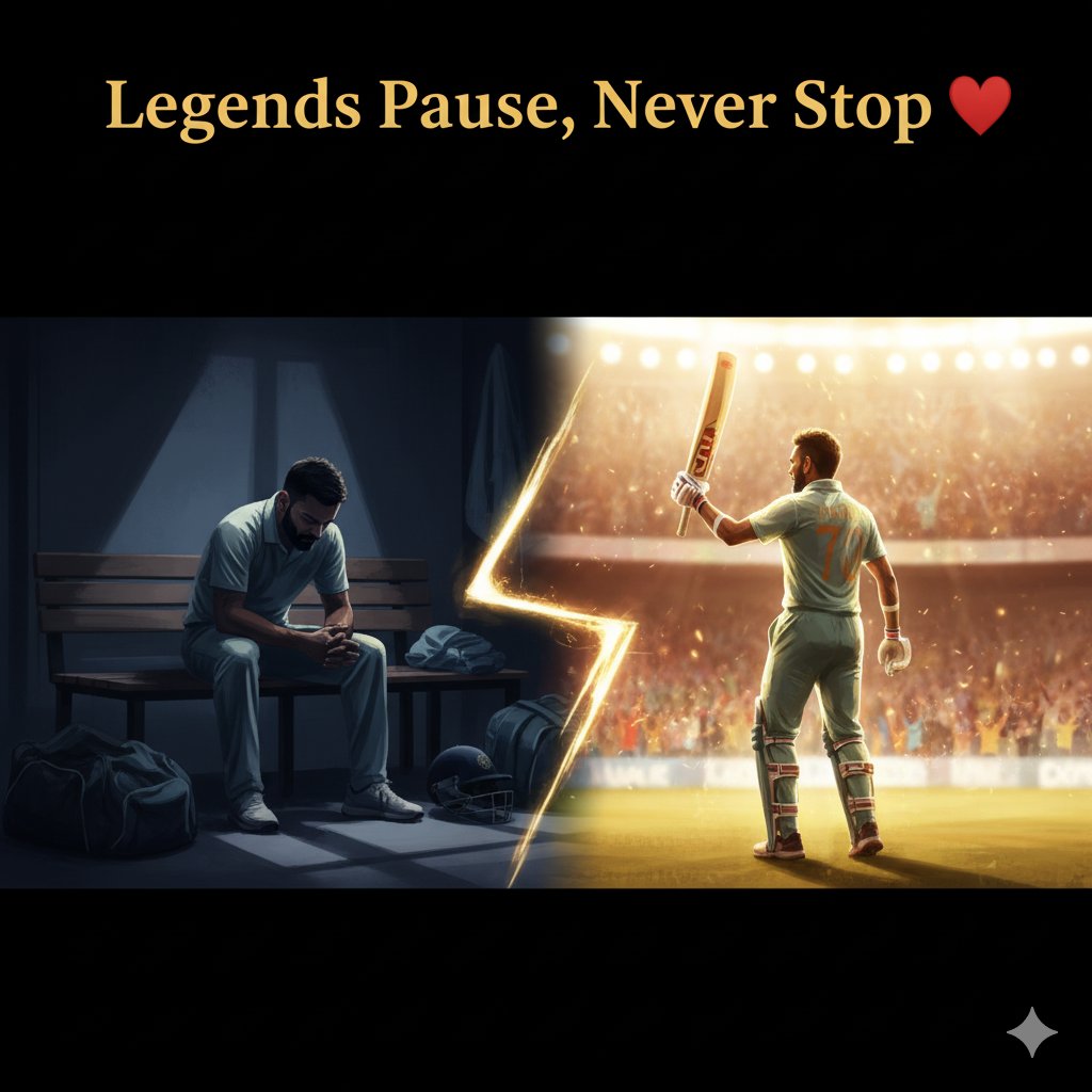 Low Phase &amp; Comeback

2020–2022: कोई शतक नहीं, आलोचना हर ओर।
लेकिन विराट ने शोर नहीं, साइलेंस चुना।
2022 एशिया कप में लौटा “पुराना कोहली” — 71वां शतक और वही पुराना जोश।
Legends pause, never stop. ❤️