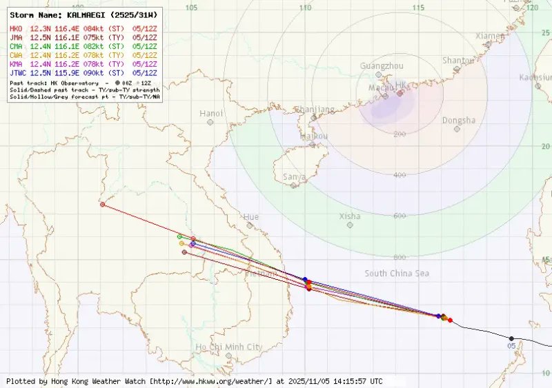 5-11-68

19:00 โมเดลเส้นทางพายุอัพเดทรอบค่ำ จากสำนักอุตุนิยมวิทยา 6 ประเทศ ทั้งหมดเห็นว่าพายุคัลเมกี จะเข้ามาอ่อนกำลังเป็นดีเปรสชันเขตไทยโดยส่วนใหญ่เห็นว่าเป็นจังหวัดอุบลราชธานี (อัพเดทรอบต่อไปอาจเปลี่ยนอีก)