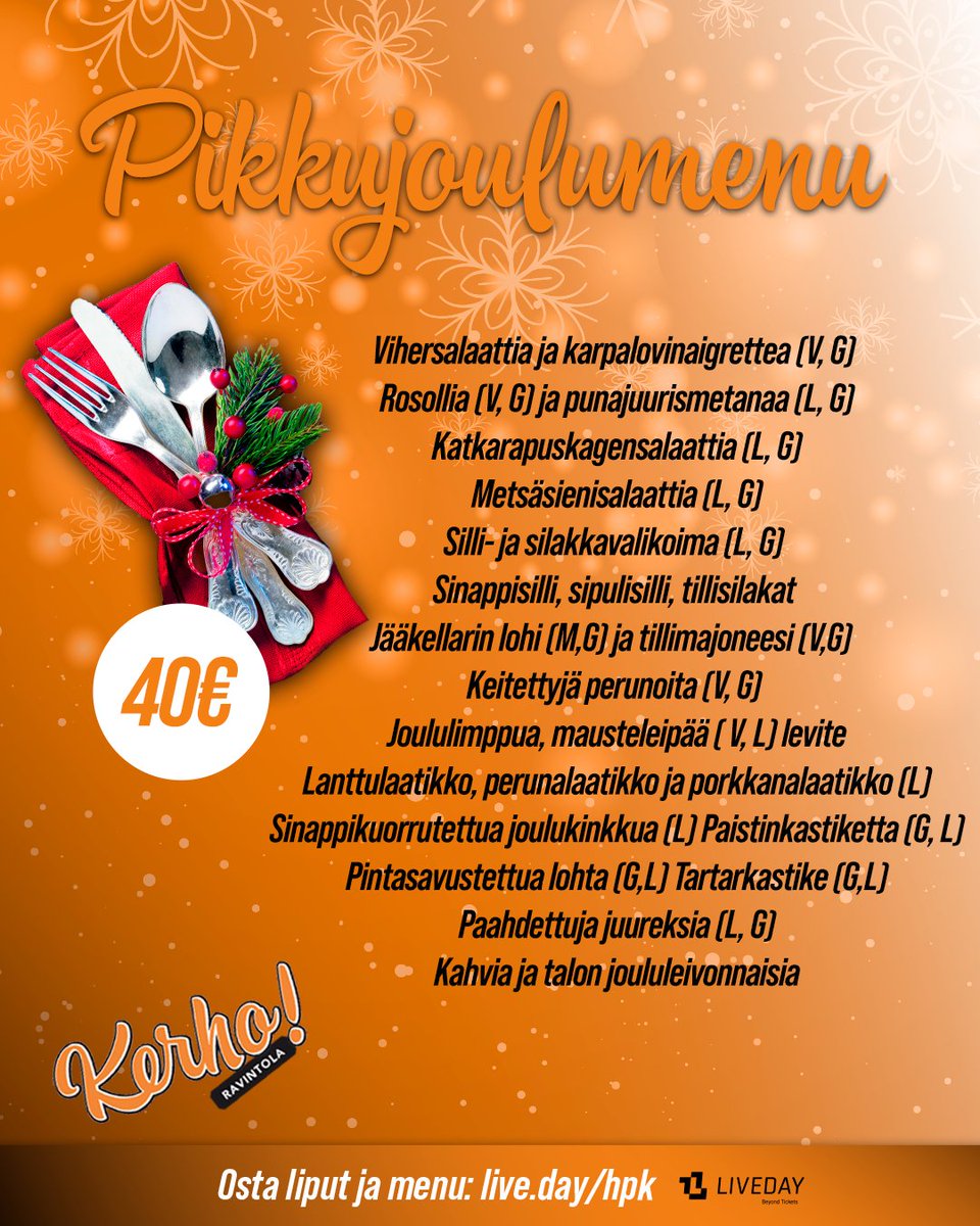 PIKKUJOULUT 2025 🧑‍🎄🎄
Runsaan viikon kuluttua lauantaina 15.11. vietetään HPK-Ilves -matsissa pikkujouluja! 

Jaromir Jokinen Band vastaa musiikista ja Kerho-ravintola maukkaasta joulubuffasta! 

Tule kanssamme aloittamaan pikkujoulukausi hilpeästi! 

🎫&amp; 👨‍🍳 Liput ja joulubuffet: