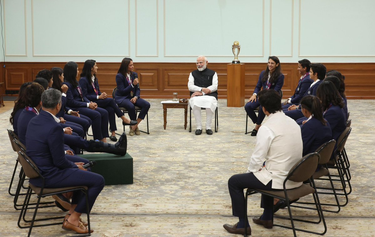 Prime Minister Narendra Modi Ji (<a href="/narendramodi/">Narendra Modi</a> ) meets the World Cup-winning Indian Women’s Cricket Team at his residence 🇮🇳🏆

A heartwarming interaction filled with pride, inspiration, and encouragement!

The spirit of Nari Shakti shining bright! 🇮🇳

#WomensWorldCup2025
