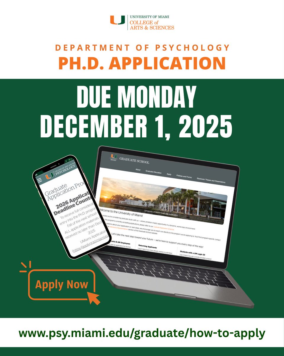 HAPPY THANKSGIVING!

Our application deadline is just ONE WEEK away! To receive full consideration for entry into the Ph.D. program for the Fall of the next school year, ALL application materials must be received no later than December 01, 2025.

psy.miami.edu/graduate/how-t…