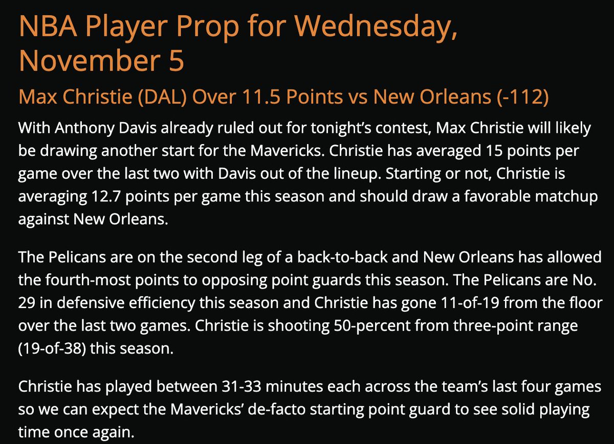 🏀 🤑 With Anthony Davis already ruled out for Dallas tonight Max Christie should enter the starting lineup again and could have a very productive night against the Pelicans! View our top NBA player prop of the day below 💰

👉 wt.buzz/tgs
