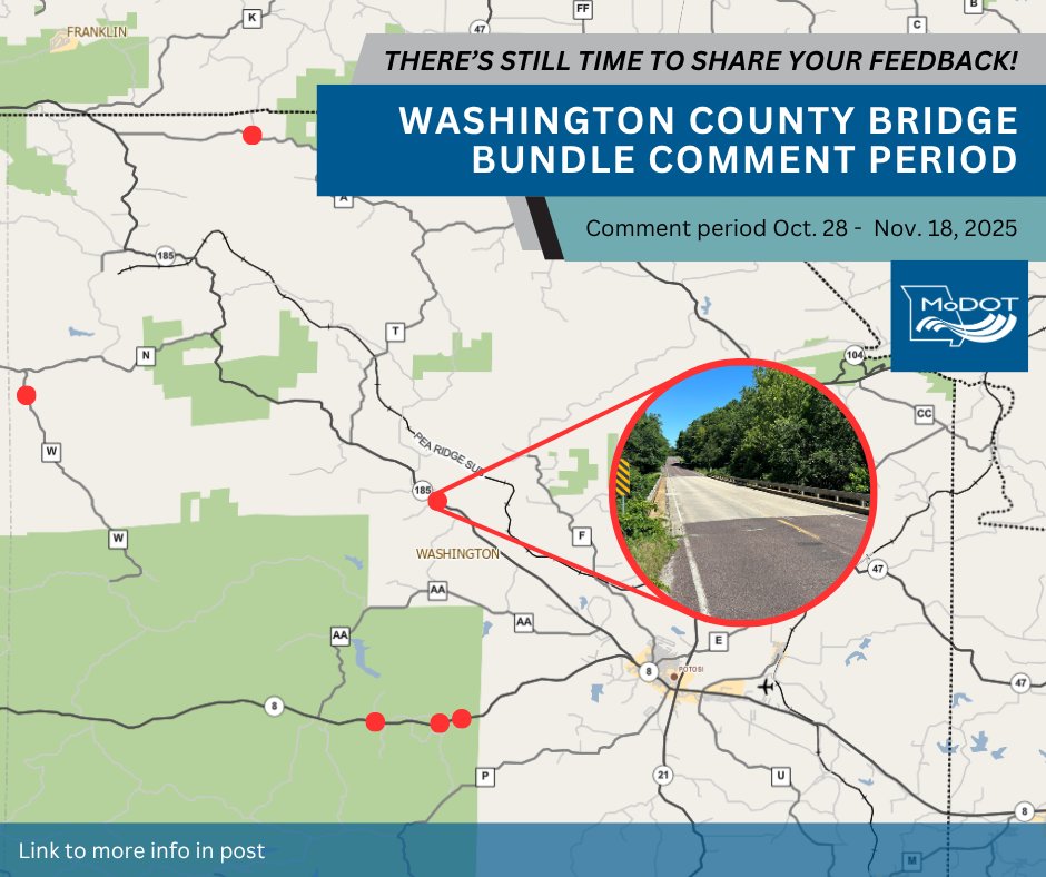 Missed MoDOT’s meeting on Washington Co. bridge projects? You can still share your feedback! 💬

Public comments open through Nov. 18!

More info: modot.org/node/78927