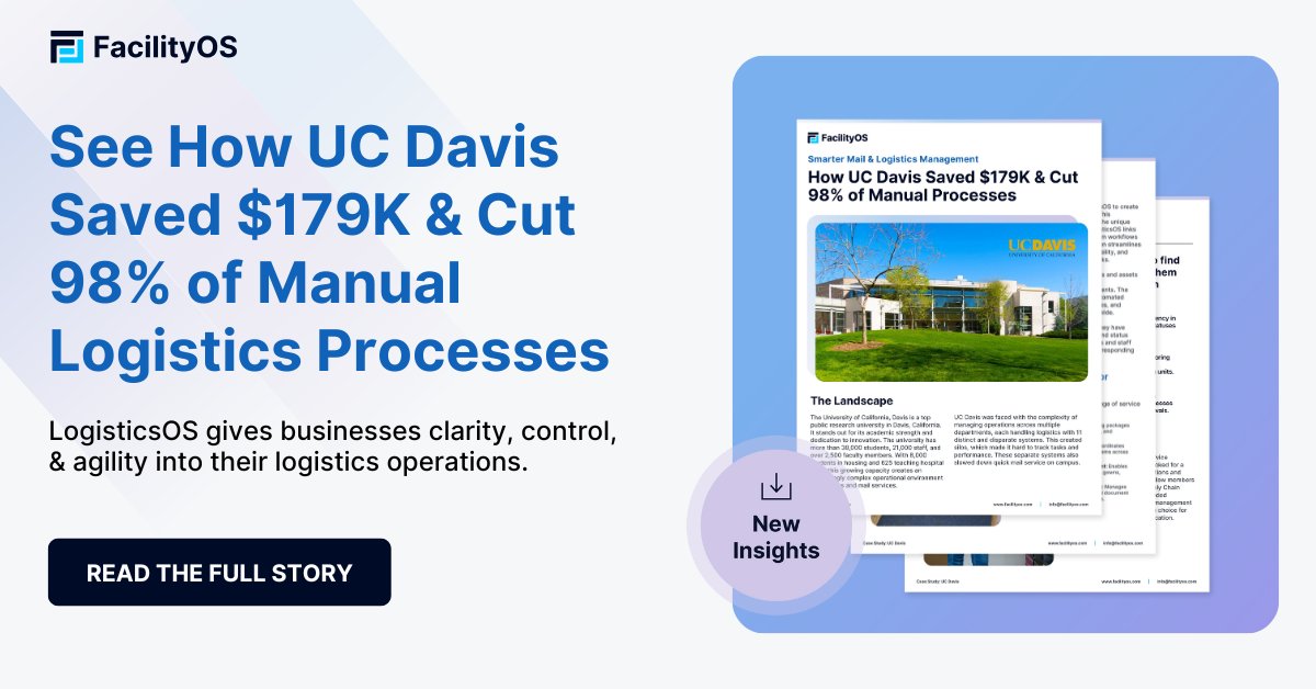 facilityos's tweet image. Manual logistics processes cost facilities time and money. UC Davis eliminated 98% of manual tasks and saved $179K by digitizing their operations. Digital workflows transform efficiency. hubs.li/Q03RBd3Y0 
#FacilityManagement #LogisticsAutomation