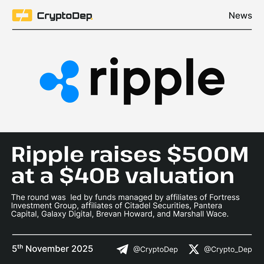 ⚡️ @Ripple $XRP raises $500M at a $40B valuation The round was led by funds  managed by affiliates of Fortress Investment Group, Citadel Securities,  Pantera Capital, Galaxy Digital, Brevan Howard, and Marshall