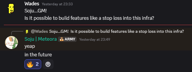 Wades_ETH's tweet image. The man himself @0xSoju confirming we&apos;ll get Stop Loss and other important features in @MeteoraAG 
Much needed given how volatile even the &apos;safe&apos; pairs 
are..

Also, $MET at 35c or 350m FDV is going to look silly in 6 months time I feel.