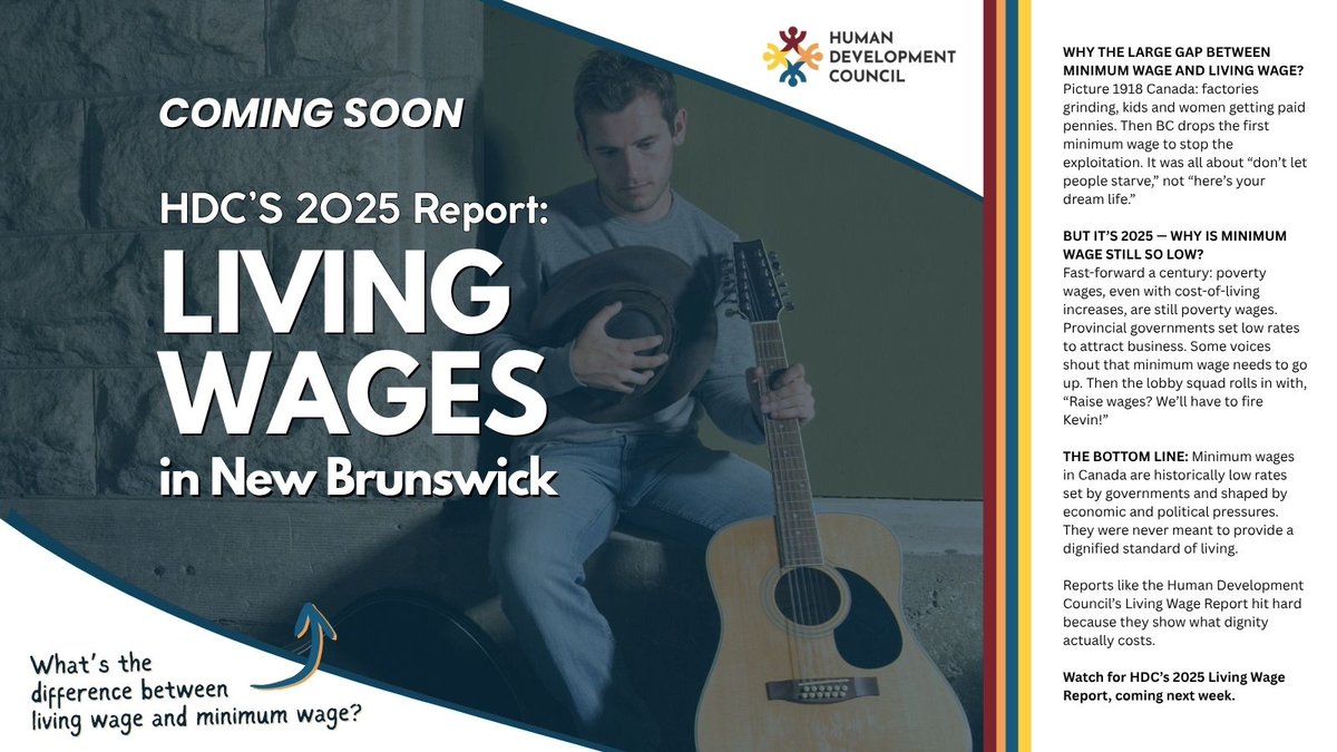 SaintJohnHDC's tweet image. Reports like the Human Development Council’s Living Wage Report hit hard because they show what dignity actually costs.
Watch for HDC’s 2025 Living Wage Report. Next week.
#LivingWage #humandevelopmentcouncil #CostOfLiving #povertywages #fairpay #NewBrunswick #SocialJustice