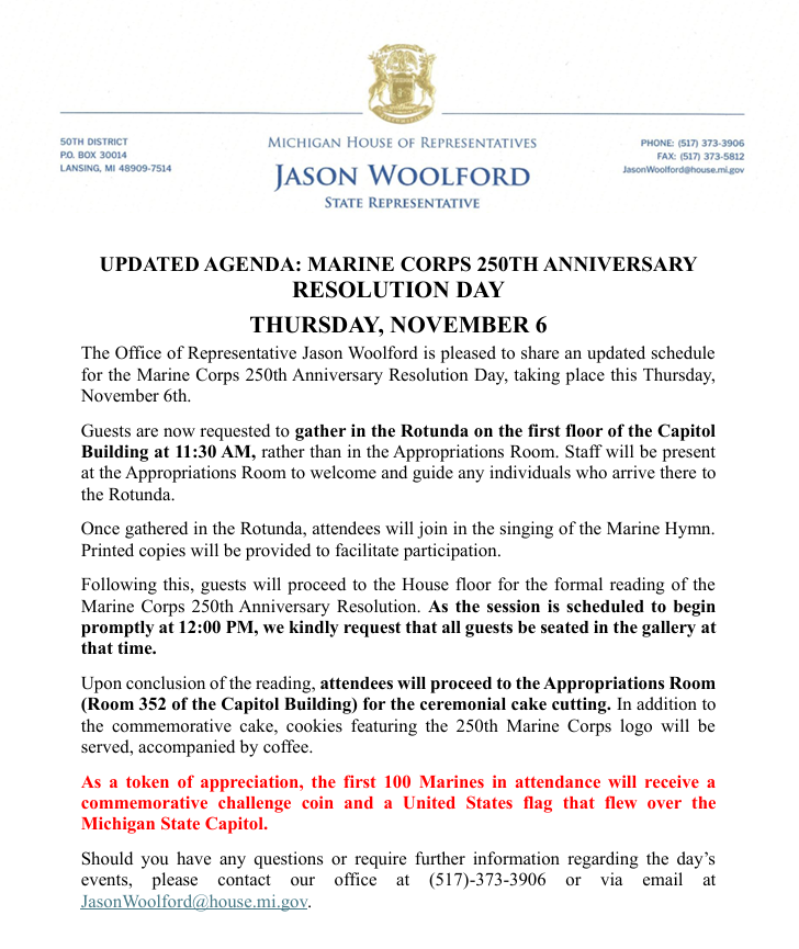 RepWoolford's tweet image. Attention Marines! Please see the updated agenda below for tomorrow’s special House session commemorating the 250th Anniversary of the United States Marine Corps.

Semper Fi!

#Michigan #LivingstonCounty #staterepresentative #USMC #USMarines #MarineCorps