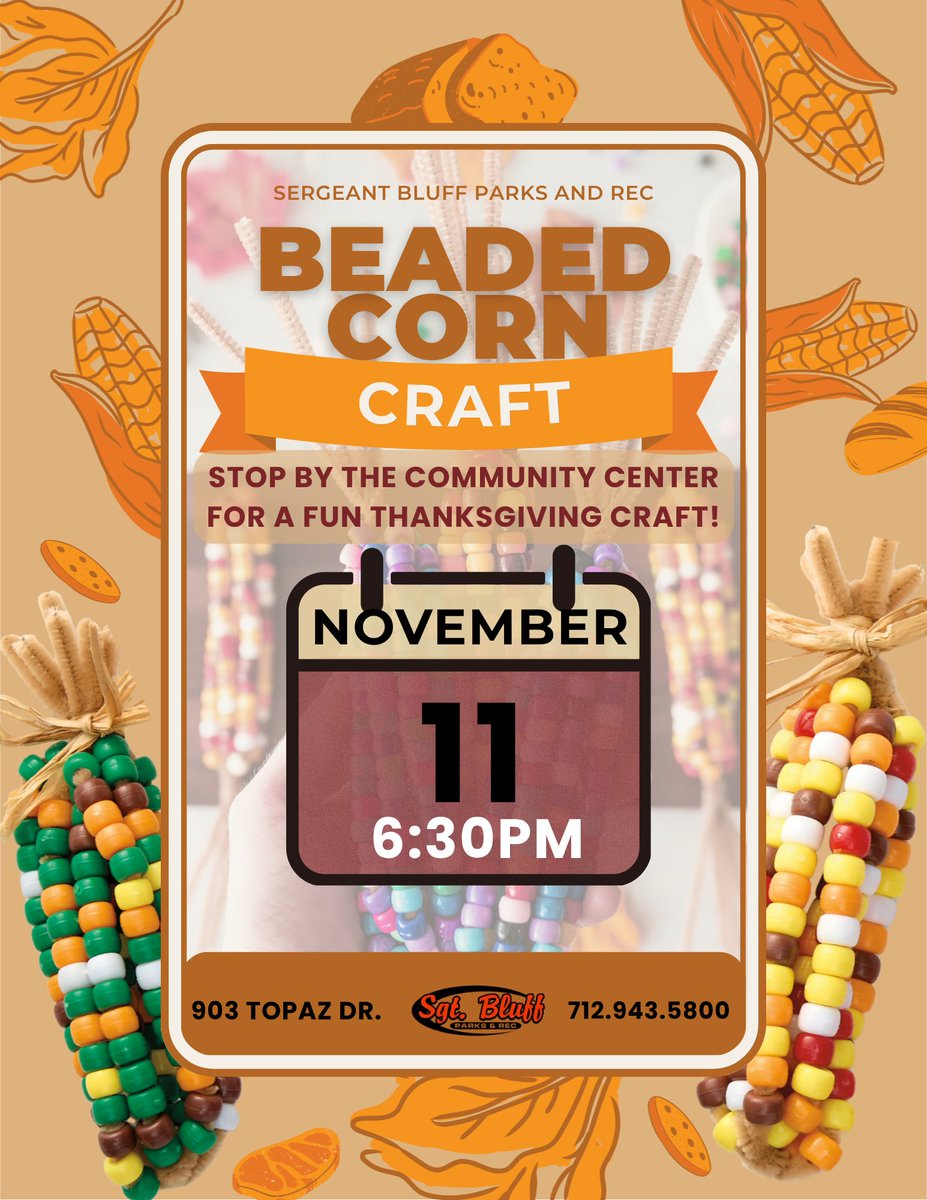 🍂Celebrate the season with a little creativity! 🍂

Stop by the Community Center on November 11th @ 6:30pm for a DIY Beaded Corn craft. A simple and festive craft for all ages!