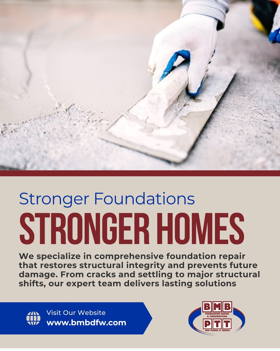 bmbconstruction's tweet image. 🏗️ Stronger Foundations. Stronger Homes. 🏗️
🌐 Request service online: bmbdfw.com/contact

#BMBConstruction #FoundationRepair #DFWContractor #TexasConstruction #StructuralIntegrity #HomeSafety #TrustedBuilders