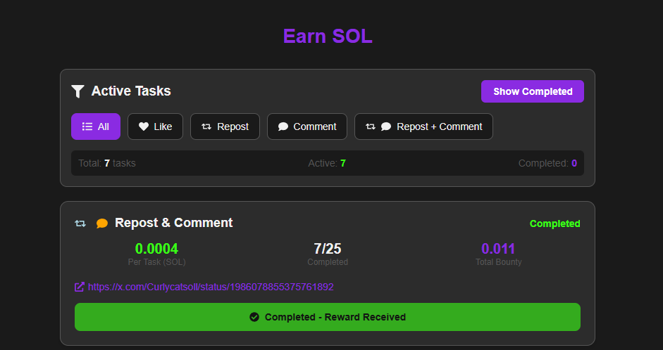 There are currently 7 active missions, those who act quickly will receive the $SOL rewards.

Start performing tasks by connecting your Solana wallet and account X. You can connect your account X by simply entering your username in the Vault section (for example, @curlycattsol)