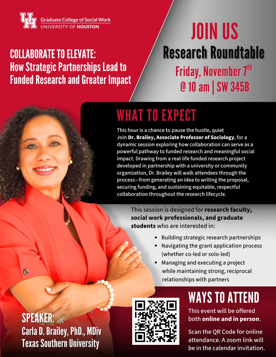 🫱🏻‍🫲🏾Collaborate to Elevate: How Strategic Partnerships Lead to Funded Research and Greater Impact! Join our research roundtable this Friday!

Reserve your seat: forms.office.com/r/tPfPWKpz9s

#ChartingOurPathToExcellence #UHGCSW #UHSocialwork #Research