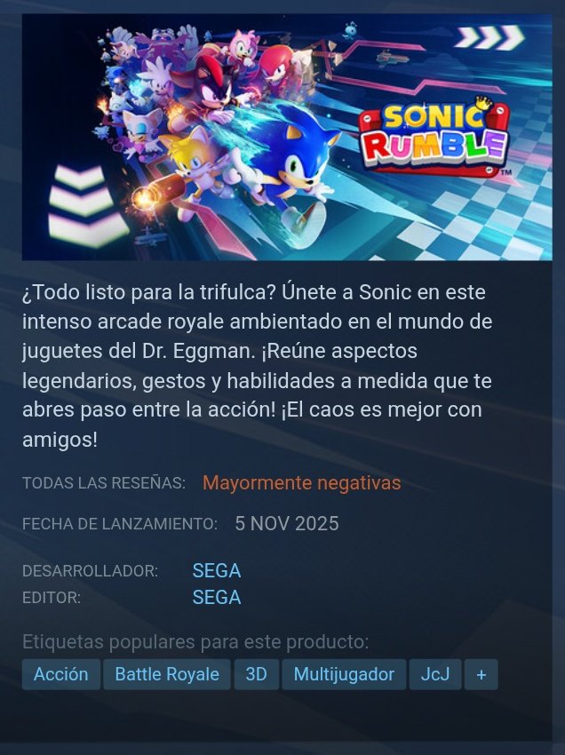 Al final hoy salió oficialmente Sonic Rumble, a ver como le está yendo en Stea-
*reseñas mayormente negativas*

Man, que carajo paso? 😧