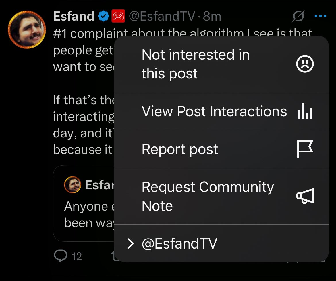 KrypticCowboy's tweet photo. @EsfandTV Hitting the 3 dots next to the tweet and clicking “Not interested in the post” I’ve noticed makes a noticeable difference in the types of content I see on my feed https://t.co/lxeneen8UT