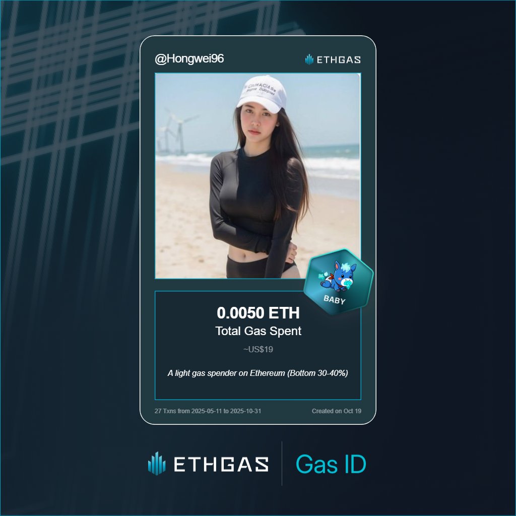Hongwei96's tweet photo. Leveled up in the Great Gas Reckoning with ETHGas! 💪

Baby Jack status: 0.005 ETH gas spent, 1 Beans earned—supporting the Gasless Future!

Claim your Gas ID at https://t.co/OmCO3QAGqP https://t.co/vU6AWTxpUu