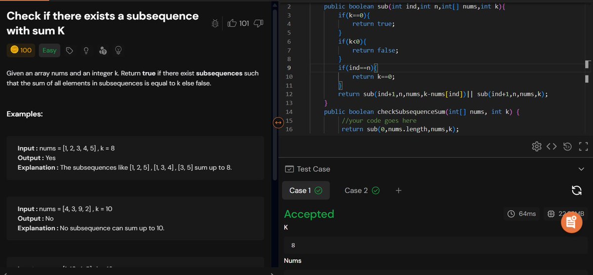 rajeshboya89's tweet image. Day 24 – #TUFWinterArc ❄️

Solved “Check if there exists a subsequence with sum K” today
A good recursion + backtracking problem to practice exploring all subset possibilities and checking target sum conditions.

@takeUforward_  @striver_79 
#TakeUForward #DSA #Recursion