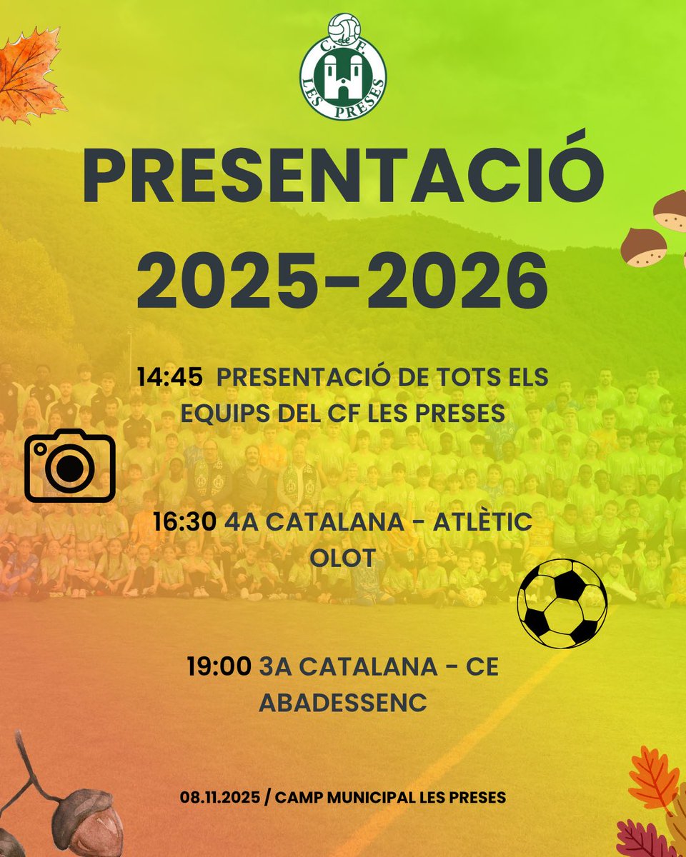 👋🏻PRESENTACIÓ 25-26👋🏻

Aquest dissabte celebrem la presentació de tots els equips de futbol base🔝

Fotos, castanyes i futbol🤙

T’ho perdràs?🫵🏻