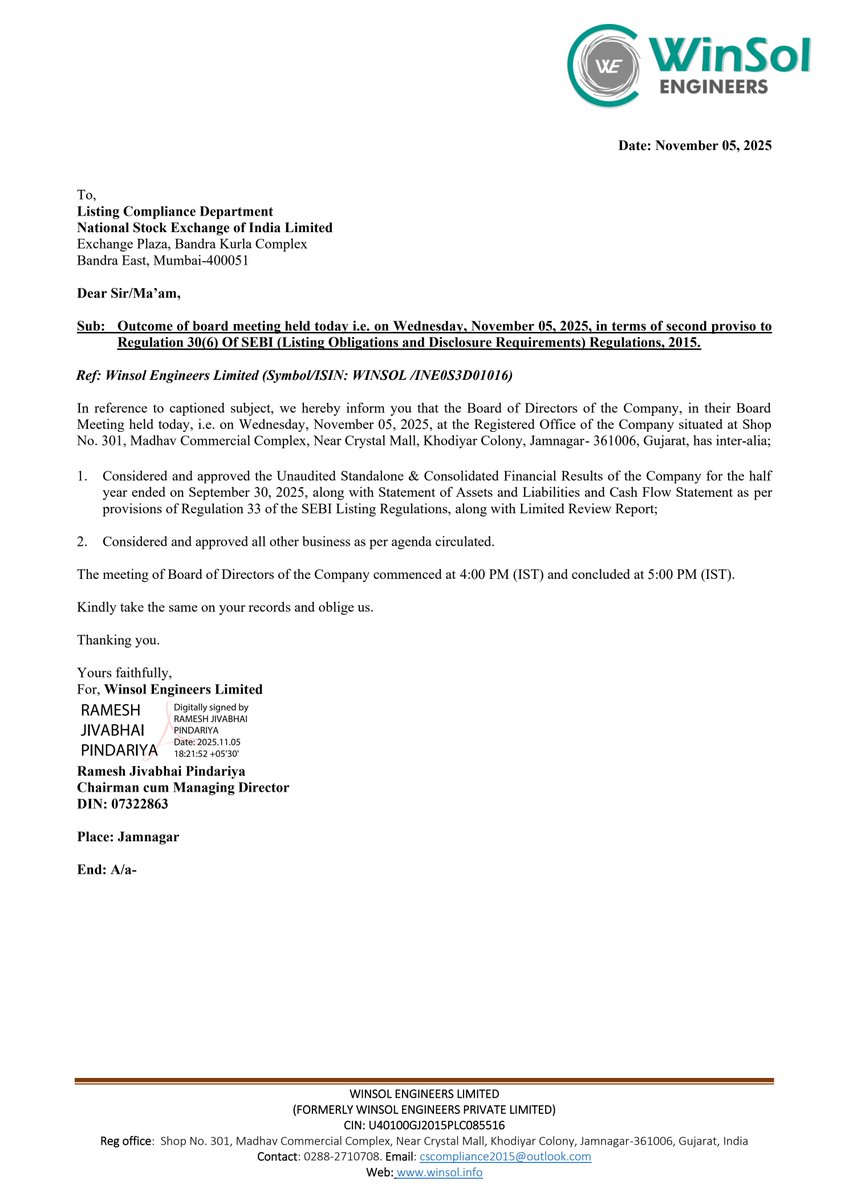 nileshkurhade's tweet photo. 📌 Winsol Engineers Limited informed the exchange about its approval for the financial results for the period ended September 30, 2025. #SME #WINSOL 📄🧾 https://t.co/pj30l9sMPJ