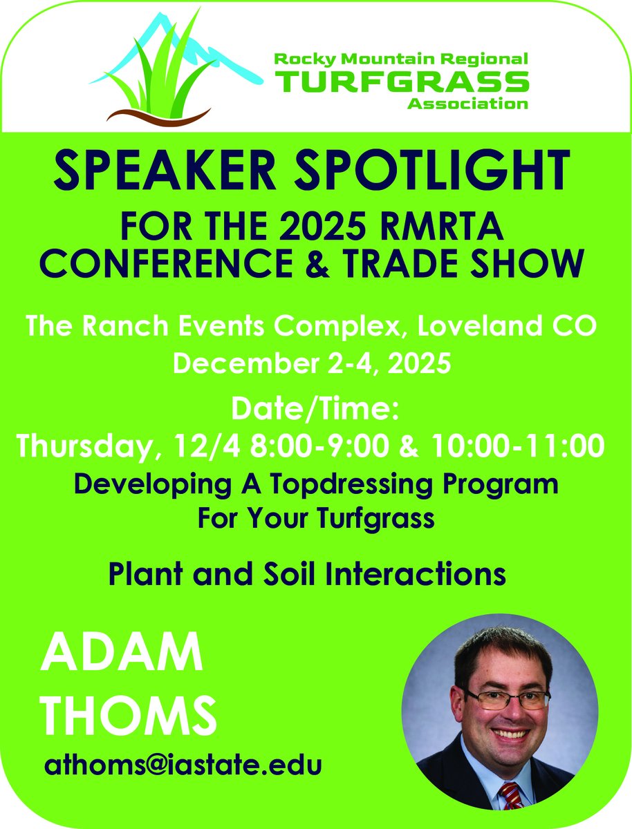 Join us at the 2025 #RMRTA #ConferenceAndTradeshow to hear Dr. Adam Thoms <a href="/ThomsTurf/">Adam Thoms</a> discuss Topdressing programs and Plant/soil interactions.  #Turf #Networking #GolfCourse