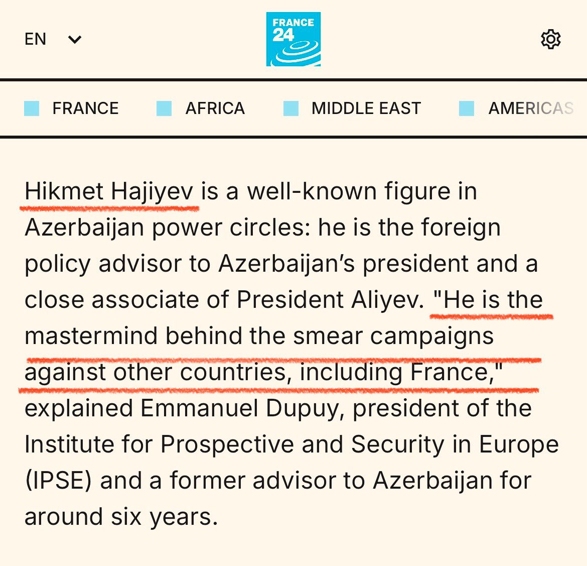 Hajiyev was one of the architects of Azerbaijan’s ethnic cleansing of Nagorno-Karabakh. He also led anti-France smear &amp; bullying efforts for years, even stirring unrest in New Caledonia.

Amirbayov is the one who said “the Armenians self-genocide.” 
Are 🇫🇷 we that weak? <a href="/Bertbuch/">Bertrand Buchwalter</a>