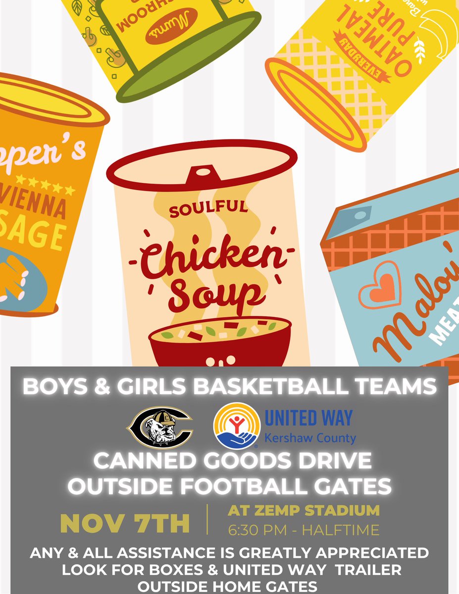 CamdenGBB's tweet photo. Join us this Friday night at Zemp Stadium for the 1st Round of Playoffs. We will be collecting Non-perishable Food Items that will be donated to United Way to help feed families in need across Kershaw County. Any & all assistance is greatly appreciated! #OneTeamOneTownOneGoal https://t.co/T8qNMRILdr