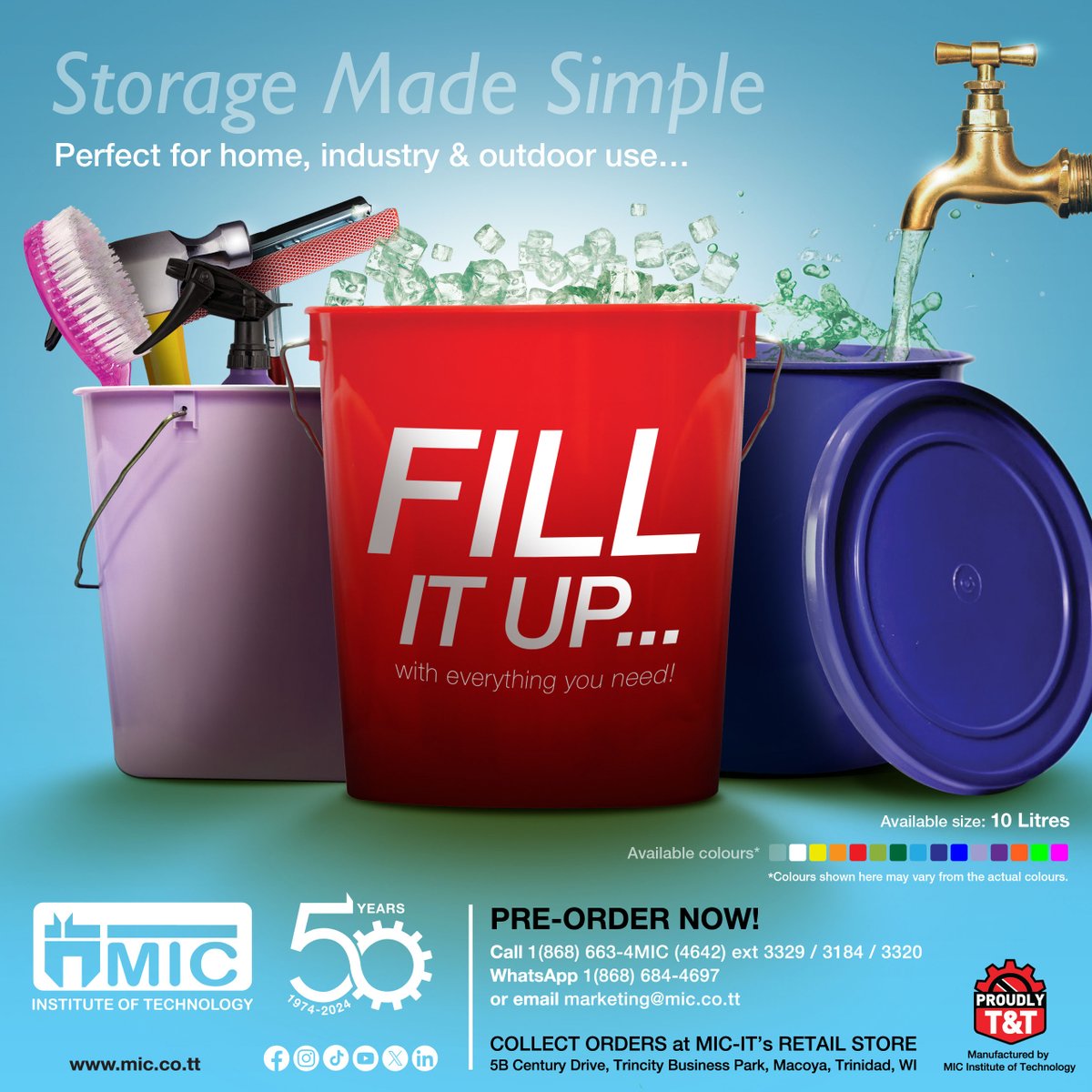 MIC_InstOfTech's tweet image. Our long-lasting, 10-litre plastic buckets are ideal for storing both dry and liquid items.
🤩 High Quality
✨ Easy-to-open Lids
🎨 Vibrant colour palette

💲 ONLY TTD 12.44 | ❗Lids sold separately - TTD 3.83 [VAT Inclusive] 

🇹🇹 Support local; ORDER NOW: mic.co.tt/store/product-…