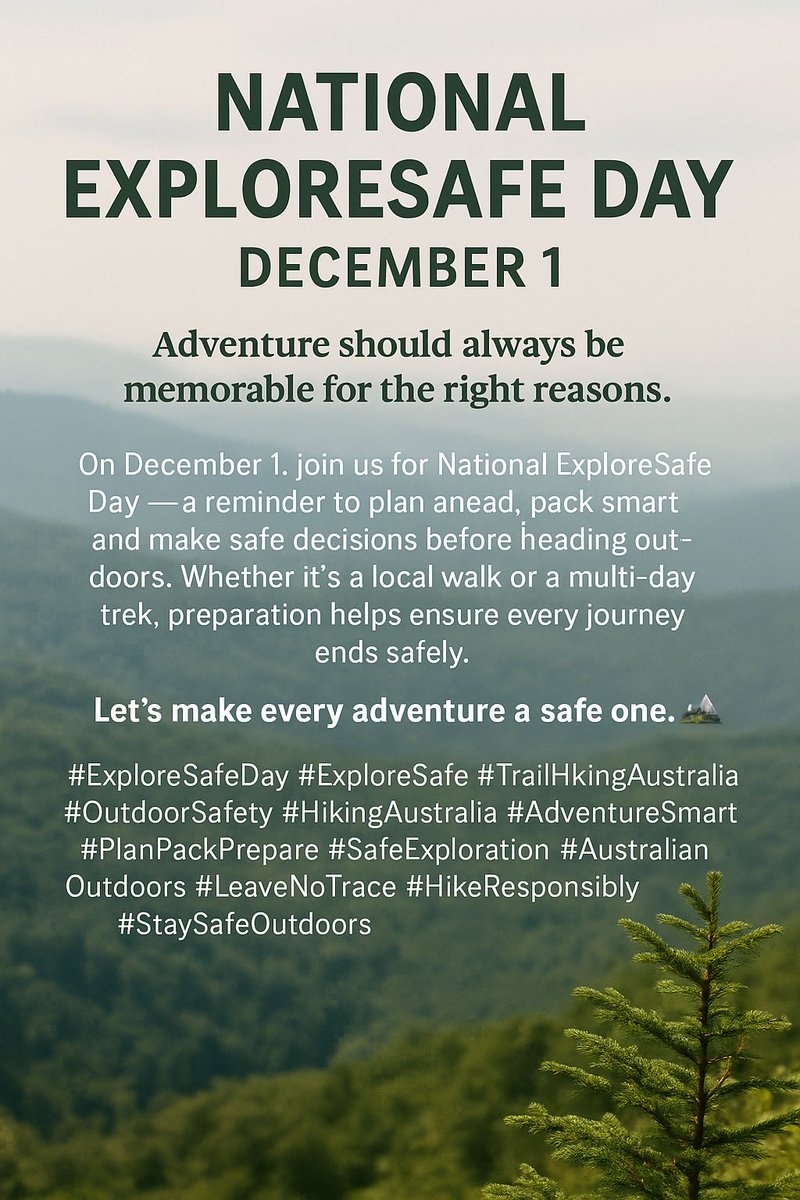 TrailHikingAust's tweet image. Join the movement at exploresafe.au/national-explo…

#ExploreSafeDay #ExploreSafe #TrailHikingAustralia #OutdoorSafety #HikingAustralia #AdventureSmart #PlanPackPrepare #SafeExploration #AustralianOutdoors #LeaveNoTrace #HikeResponsibly #StaySafeOutdoors